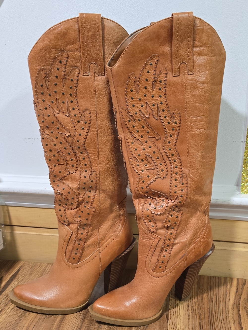 Jessica Simpson Tall Studded Cowboy Boots - Tan Leather